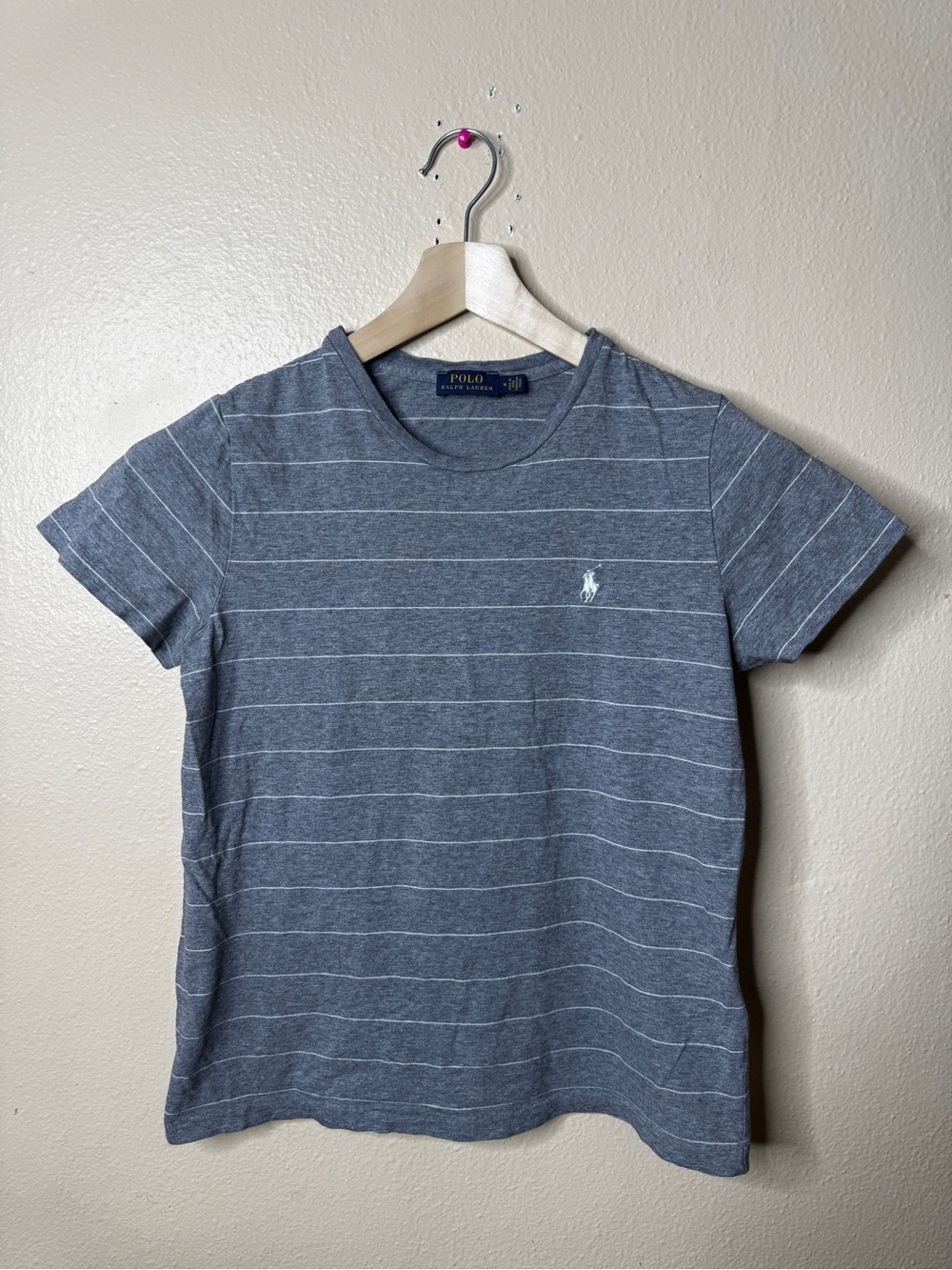 Polo Ralph Lauren Womens M T-Shirt Gray White Striped Pony Logo Cotton